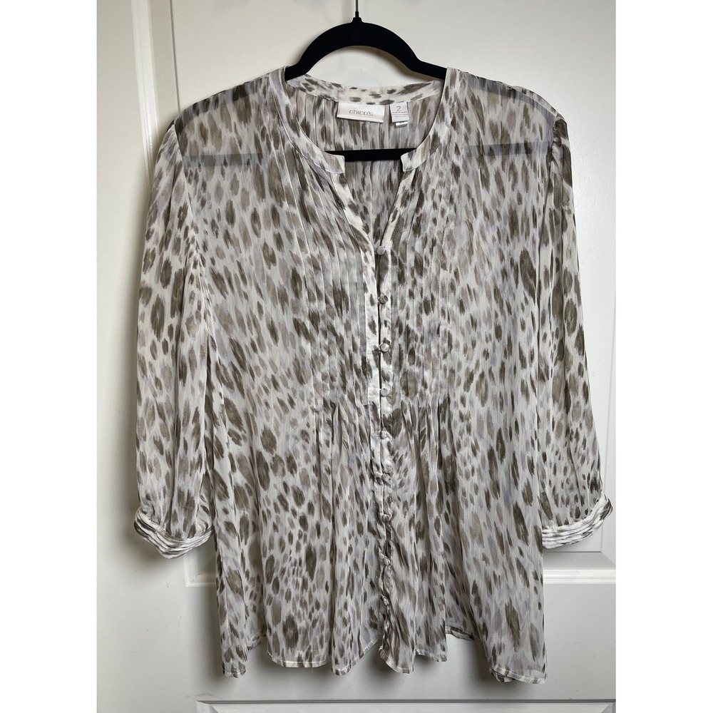 Chicos Sheer Leopard Print‎ 3/4 Sleeve Blouse Size 2 Casual Flowy Dressy